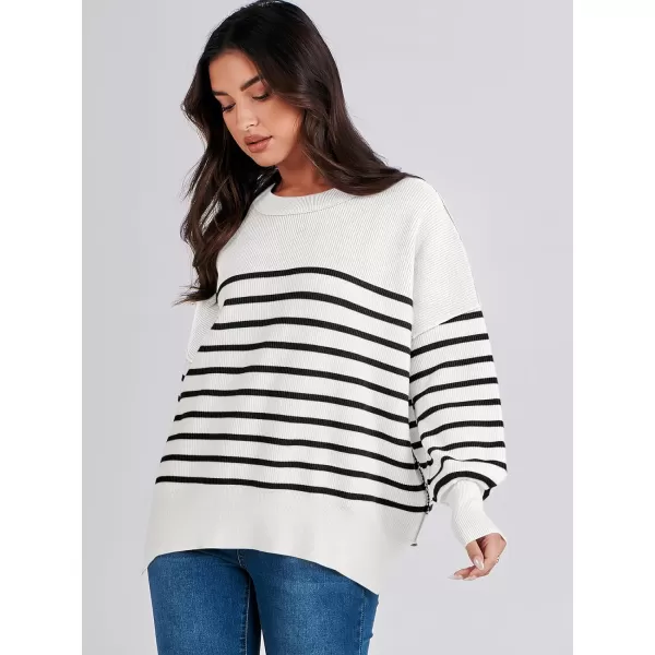 imageANRABESS Oversized Sweaters for Women Fall 2023 Crewneck Batwing Long Sleeve Side Slit Knit Pullover Sweater Tops JumperStripe Black