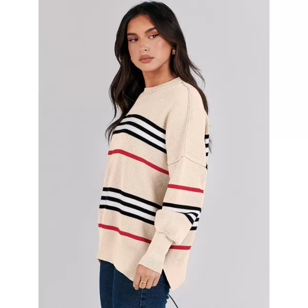 imageANRABESS Oversized Sweaters for Women Fall 2023 Crewneck Batwing Long Sleeve Side Slit Knit Pullover Sweater Tops JumperStripe Black Apricot