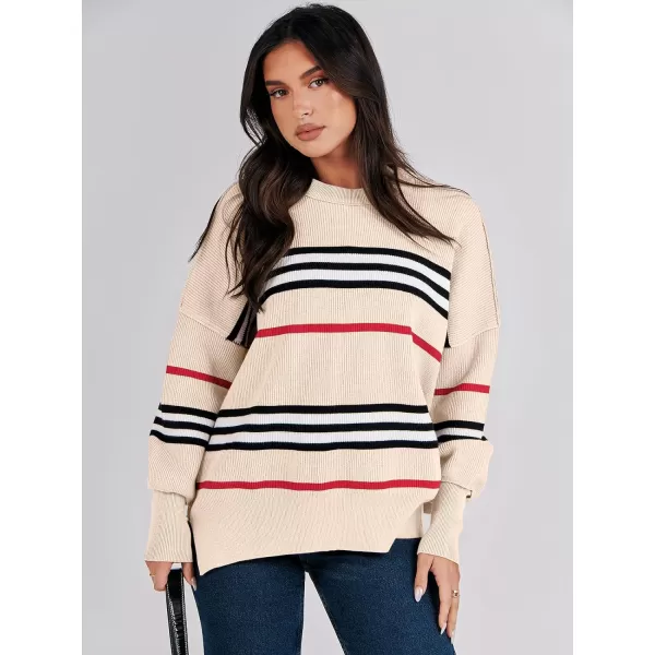 imageANRABESS Oversized Sweaters for Women Fall 2023 Crewneck Batwing Long Sleeve Side Slit Knit Pullover Sweater Tops JumperStripe Black Apricot
