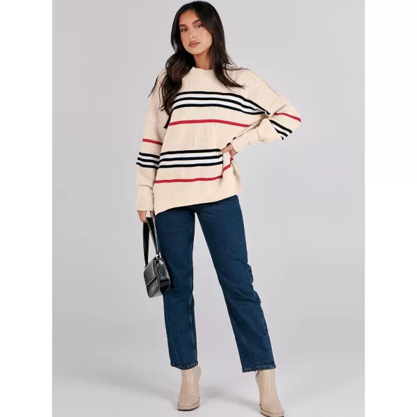 imageANRABESS Oversized Sweaters for Women Fall 2023 Crewneck Batwing Long Sleeve Side Slit Knit Pullover Sweater Tops JumperStripe Black Apricot