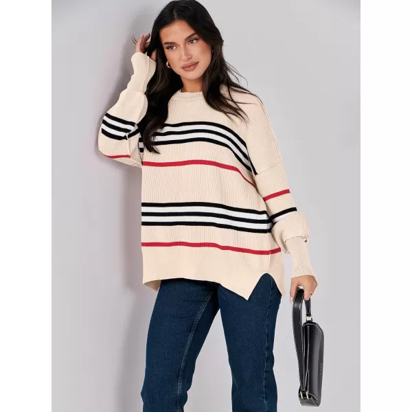 imageANRABESS Oversized Sweaters for Women Fall 2023 Crewneck Batwing Long Sleeve Side Slit Knit Pullover Sweater Tops JumperStripe Black Apricot