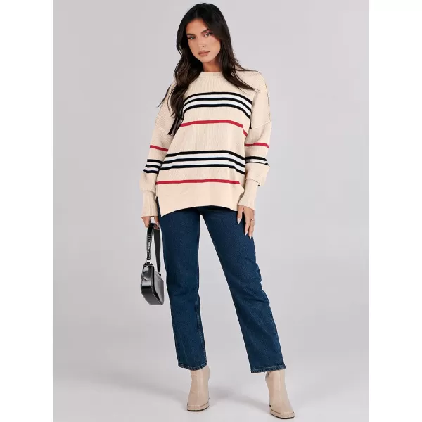 imageANRABESS Oversized Sweaters for Women Fall 2023 Crewneck Batwing Long Sleeve Side Slit Knit Pullover Sweater Tops JumperStripe Black Apricot