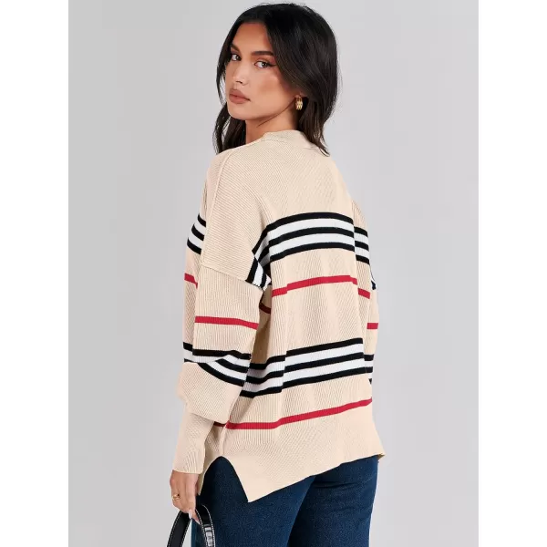 imageANRABESS Oversized Sweaters for Women Fall 2023 Crewneck Batwing Long Sleeve Side Slit Knit Pullover Sweater Tops JumperStripe Black Apricot