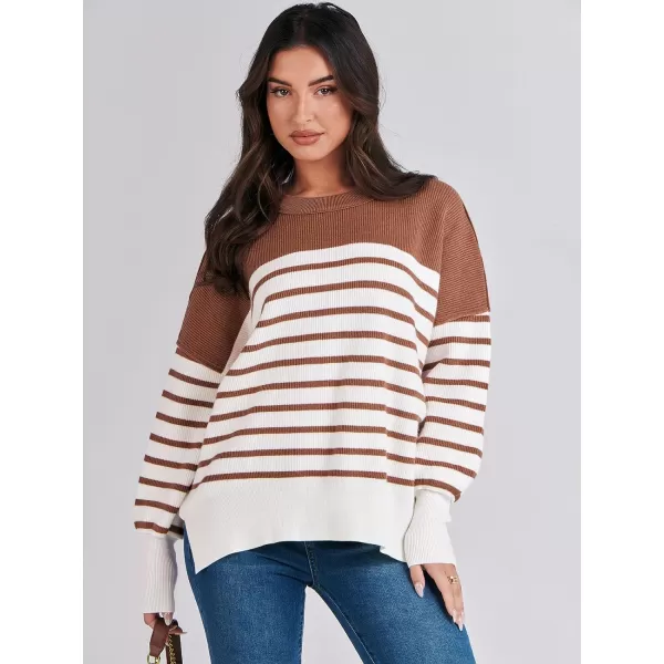 imageANRABESS Oversized Sweaters for Women Fall 2023 Crewneck Batwing Long Sleeve Side Slit Knit Pullover Sweater Tops JumperStripe Caramel
