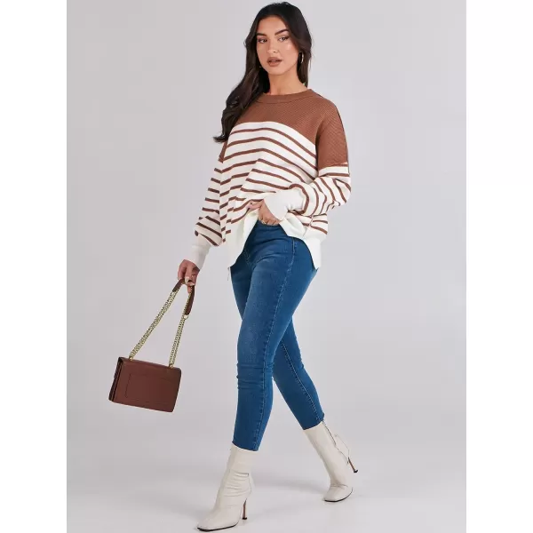 imageANRABESS Oversized Sweaters for Women Fall 2023 Crewneck Batwing Long Sleeve Side Slit Knit Pullover Sweater Tops JumperStripe Caramel