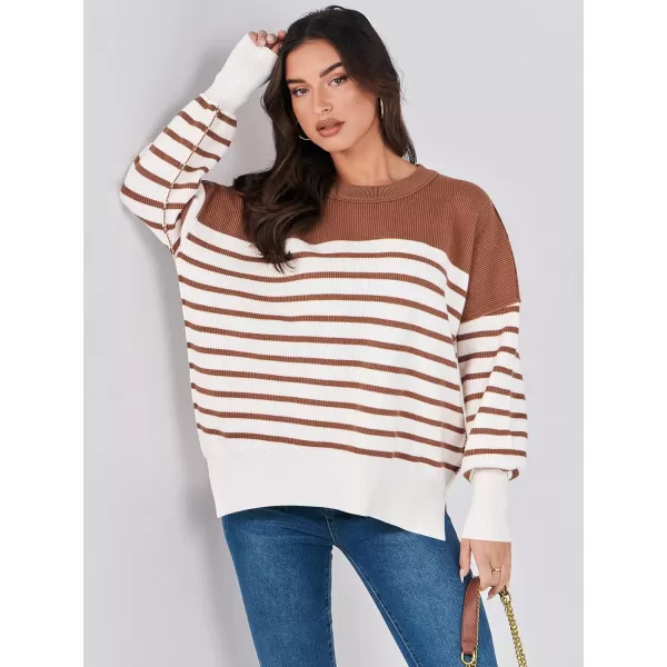 imageANRABESS Oversized Sweaters for Women Fall 2023 Crewneck Batwing Long Sleeve Side Slit Knit Pullover Sweater Tops JumperStripe Caramel