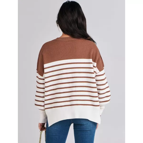 imageANRABESS Oversized Sweaters for Women Fall 2023 Crewneck Batwing Long Sleeve Side Slit Knit Pullover Sweater Tops JumperStripe Caramel