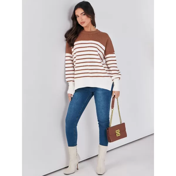 imageANRABESS Oversized Sweaters for Women Fall 2023 Crewneck Batwing Long Sleeve Side Slit Knit Pullover Sweater Tops JumperStripe Caramel