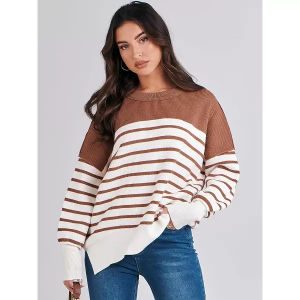 imageANRABESS Oversized Sweaters for Women Fall 2023 Crewneck Batwing Long Sleeve Side Slit Knit Pullover Sweater Tops JumperStripe Caramel