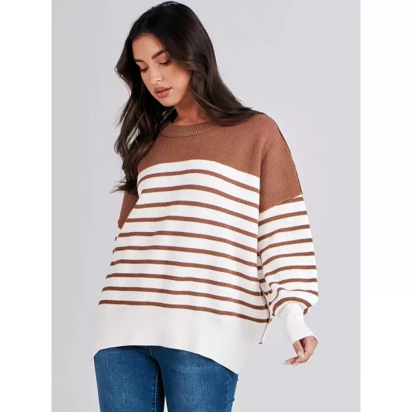 imageANRABESS Oversized Sweaters for Women Fall 2023 Crewneck Batwing Long Sleeve Side Slit Knit Pullover Sweater Tops JumperStripe Caramel
