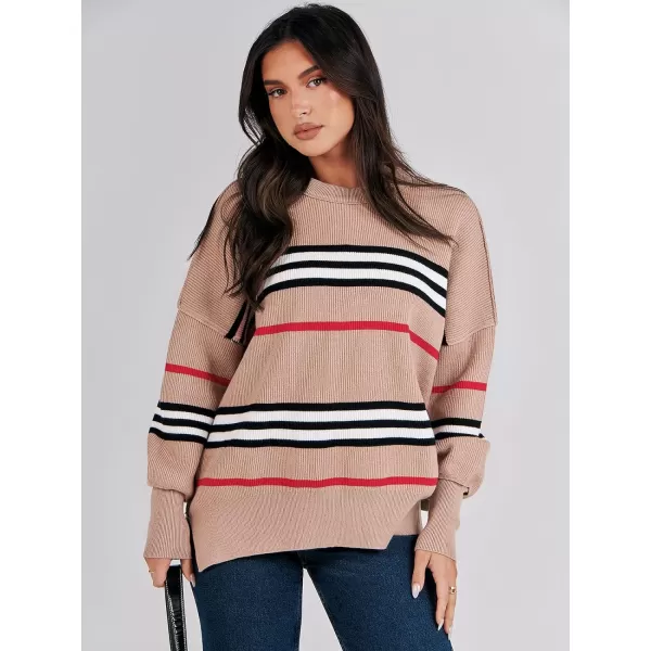imageANRABESS Oversized Sweaters for Women Fall 2023 Crewneck Batwing Long Sleeve Side Slit Knit Pullover Sweater Tops JumperStripe Khaki Black