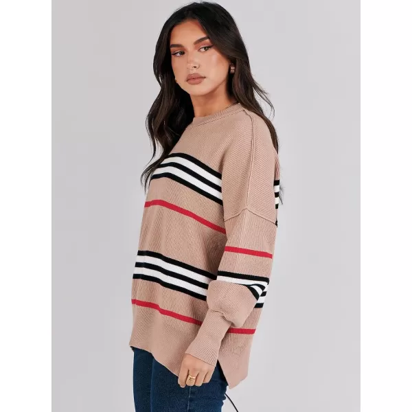 imageANRABESS Oversized Sweaters for Women Fall 2023 Crewneck Batwing Long Sleeve Side Slit Knit Pullover Sweater Tops JumperStripe Khaki Black
