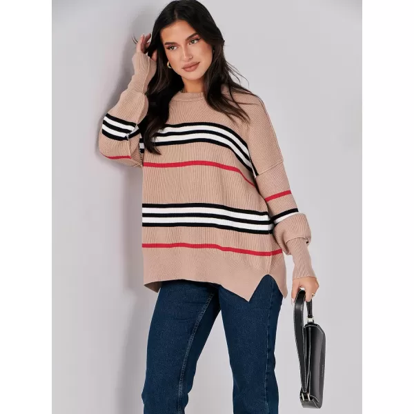 imageANRABESS Oversized Sweaters for Women Fall 2023 Crewneck Batwing Long Sleeve Side Slit Knit Pullover Sweater Tops JumperStripe Khaki Black