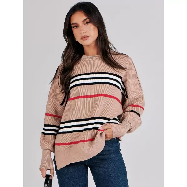 imageANRABESS Oversized Sweaters for Women Fall 2023 Crewneck Batwing Long Sleeve Side Slit Knit Pullover Sweater Tops JumperStripe Khaki Black