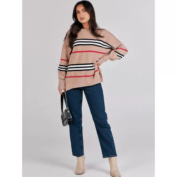 imageANRABESS Oversized Sweaters for Women Fall 2023 Crewneck Batwing Long Sleeve Side Slit Knit Pullover Sweater Tops JumperStripe Khaki Black