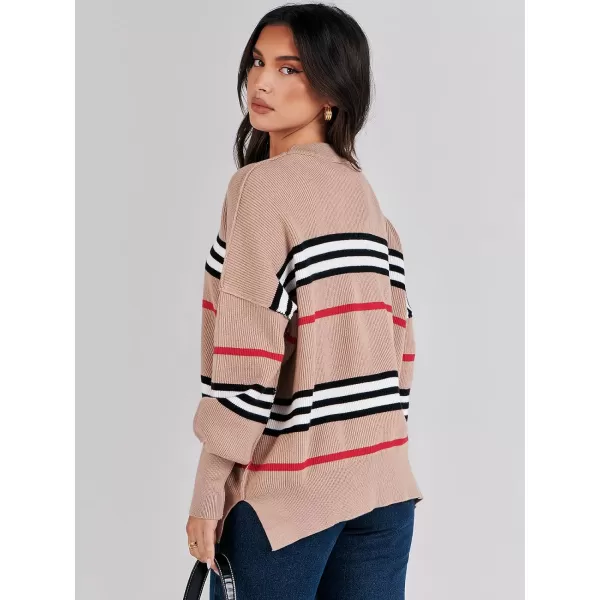 imageANRABESS Oversized Sweaters for Women Fall 2023 Crewneck Batwing Long Sleeve Side Slit Knit Pullover Sweater Tops JumperStripe Khaki Black