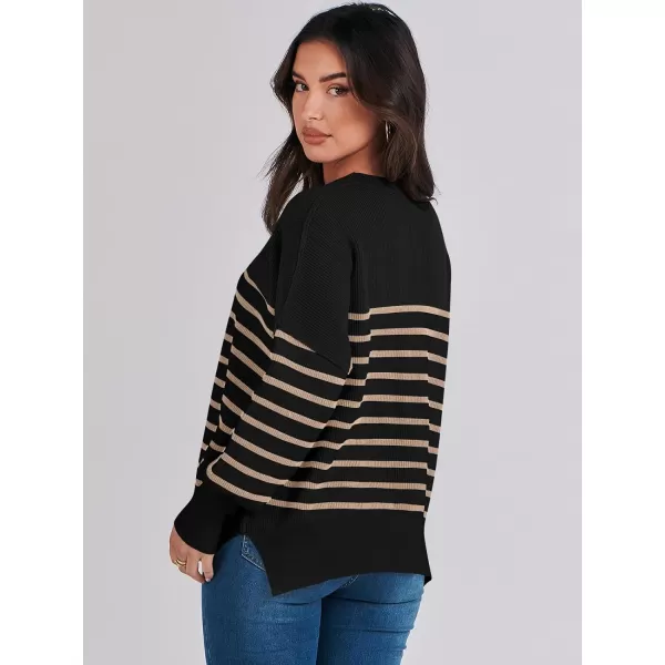imageANRABESS Oversized Sweaters for Women Fall 2023 Crewneck Batwing Long Sleeve Side Slit Knit Pullover Sweater Tops JumperStripe Yellow