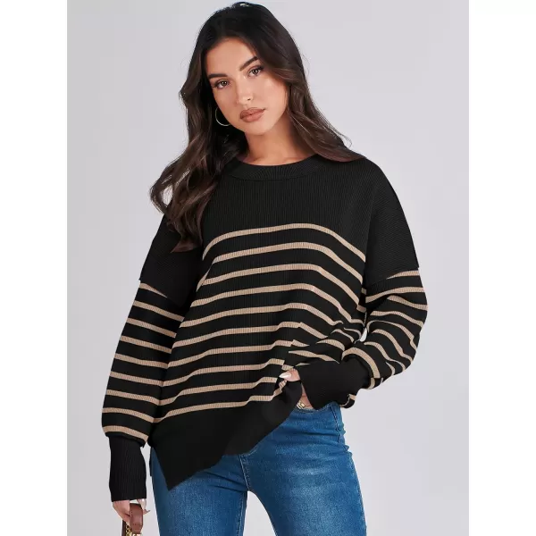 imageANRABESS Oversized Sweaters for Women Fall 2023 Crewneck Batwing Long Sleeve Side Slit Knit Pullover Sweater Tops JumperStripe Yellow