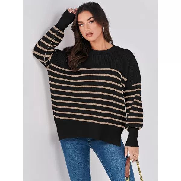 imageANRABESS Oversized Sweaters for Women Fall 2023 Crewneck Batwing Long Sleeve Side Slit Knit Pullover Sweater Tops JumperStripe Yellow