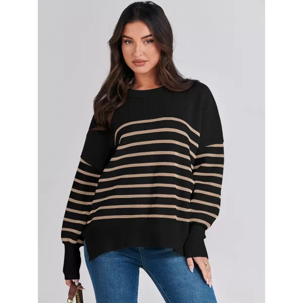 imageANRABESS Oversized Sweaters for Women Fall 2023 Crewneck Batwing Long Sleeve Side Slit Knit Pullover Sweater Tops JumperStripe Yellow