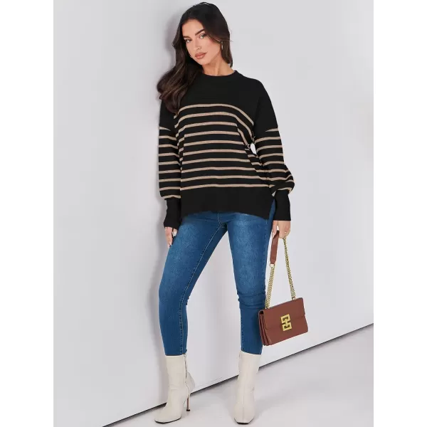imageANRABESS Oversized Sweaters for Women Fall 2023 Crewneck Batwing Long Sleeve Side Slit Knit Pullover Sweater Tops JumperStripe Yellow
