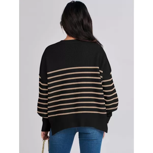 imageANRABESS Oversized Sweaters for Women Fall 2023 Crewneck Batwing Long Sleeve Side Slit Knit Pullover Sweater Tops JumperStripe Yellow