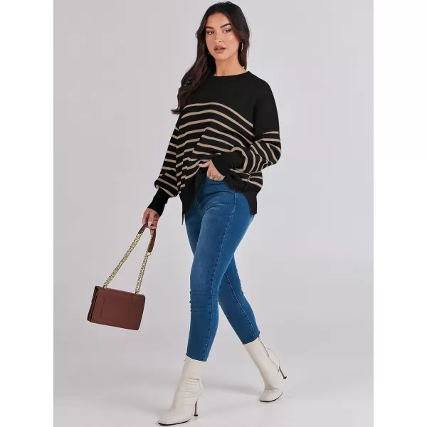 imageANRABESS Oversized Sweaters for Women Fall 2023 Crewneck Batwing Long Sleeve Side Slit Knit Pullover Sweater Tops JumperStripe Yellow