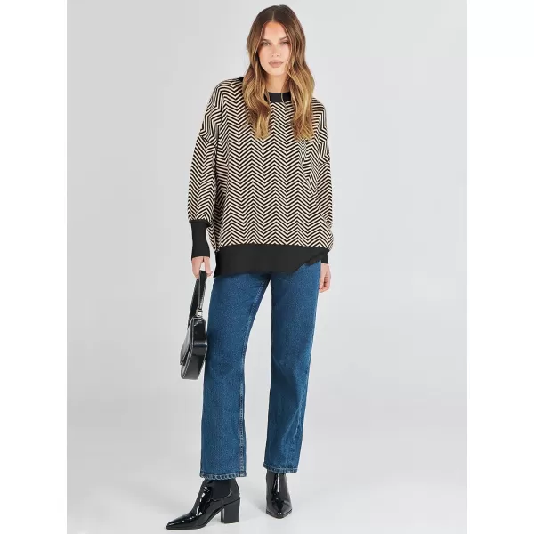imageANRABESS Oversized Sweaters for Women Fall 2023 Crewneck Batwing Long Sleeve Side Slit Knit Pullover Sweater Tops JumperWave Brown