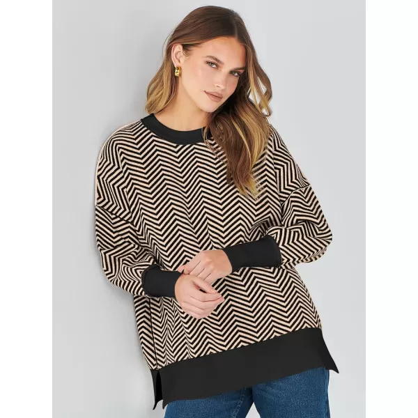 imageANRABESS Oversized Sweaters for Women Fall 2023 Crewneck Batwing Long Sleeve Side Slit Knit Pullover Sweater Tops JumperWave Brown