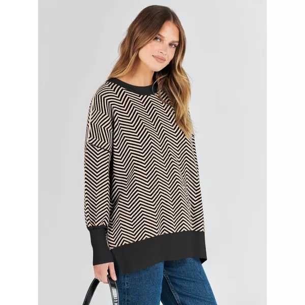 imageANRABESS Oversized Sweaters for Women Fall 2023 Crewneck Batwing Long Sleeve Side Slit Knit Pullover Sweater Tops JumperWave Brown