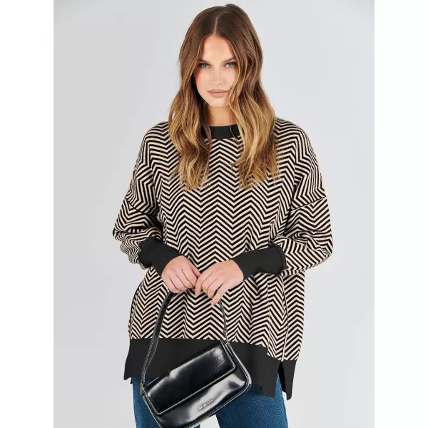 imageANRABESS Oversized Sweaters for Women Fall 2023 Crewneck Batwing Long Sleeve Side Slit Knit Pullover Sweater Tops JumperWave Brown