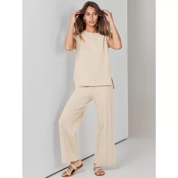 imageANRABESS Two Piece Outfits for Women Summer Sweater Sets Knit Pullover Tops Elastic Waisted Pants Lounge Sets TracksuitApricot