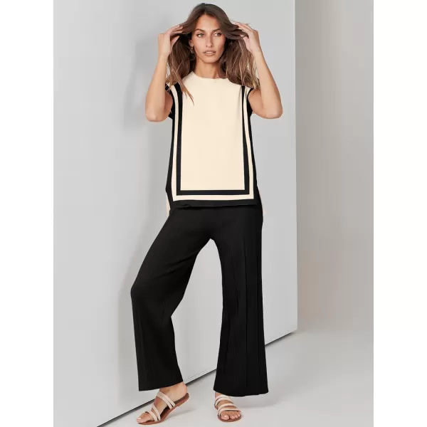 imageANRABESS Two Piece Outfits for Women Summer Sweater Sets Knit Pullover Tops Elastic Waisted Pants Lounge Sets TracksuitApricotblack