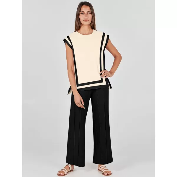 imageANRABESS Two Piece Outfits for Women Summer Sweater Sets Knit Pullover Tops Elastic Waisted Pants Lounge Sets TracksuitApricotblack