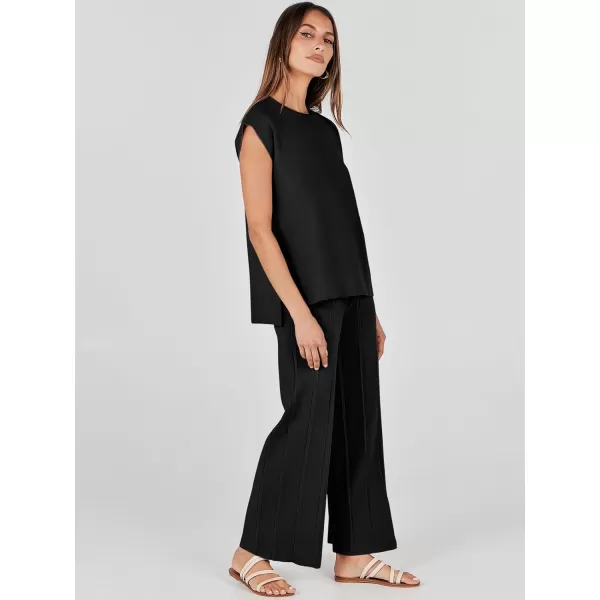 imageANRABESS Two Piece Outfits for Women Summer Sweater Sets Knit Pullover Tops Elastic Waisted Pants Lounge Sets TracksuitBlack
