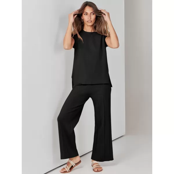 imageANRABESS Two Piece Outfits for Women Summer Sweater Sets Knit Pullover Tops Elastic Waisted Pants Lounge Sets TracksuitBlack