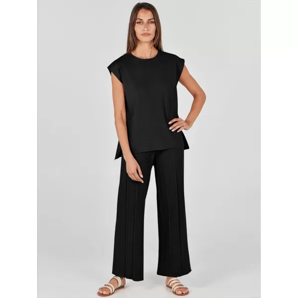 imageANRABESS Two Piece Outfits for Women Summer Sweater Sets Knit Pullover Tops Elastic Waisted Pants Lounge Sets TracksuitBlack