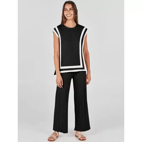 imageANRABESS Two Piece Outfits for Women Summer Sweater Sets Knit Pullover Tops Elastic Waisted Pants Lounge Sets TracksuitBlackwhite