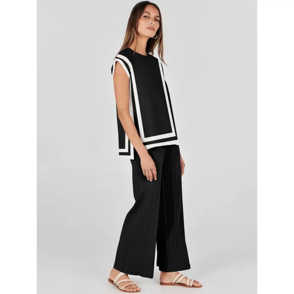imageANRABESS Two Piece Outfits for Women Summer Sweater Sets Knit Pullover Tops Elastic Waisted Pants Lounge Sets TracksuitBlackwhite