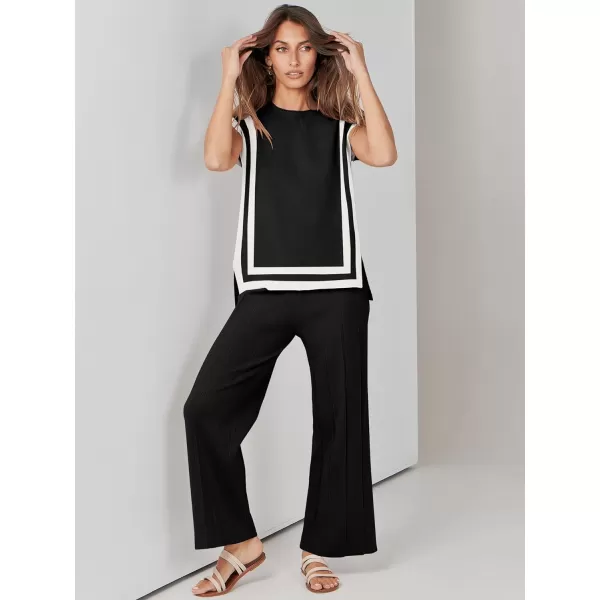 imageANRABESS Two Piece Outfits for Women Summer Sweater Sets Knit Pullover Tops Elastic Waisted Pants Lounge Sets TracksuitBlackwhite