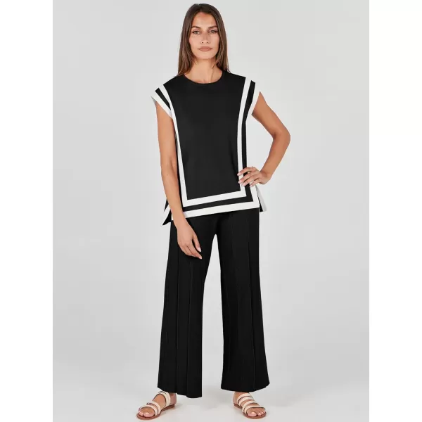 imageANRABESS Two Piece Outfits for Women Summer Sweater Sets Knit Pullover Tops Elastic Waisted Pants Lounge Sets TracksuitBlackwhite