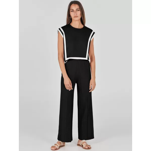 imageANRABESS Two Piece Outfits for Women Summer Sweater Sets Knit Pullover Tops Elastic Waisted Pants Lounge Sets TracksuitBlackwhite