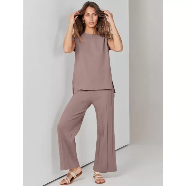 imageANRABESS Two Piece Outfits for Women Summer Sweater Sets Knit Pullover Tops Elastic Waisted Pants Lounge Sets TracksuitBrown