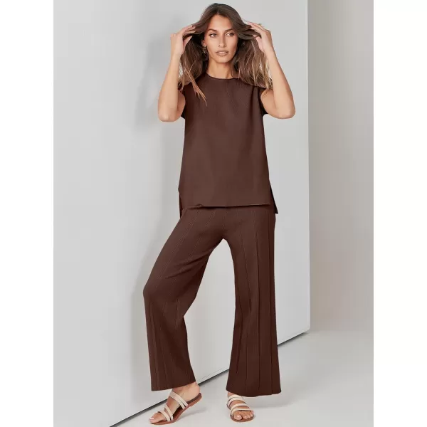 imageANRABESS Two Piece Outfits for Women Summer Sweater Sets Knit Pullover Tops Elastic Waisted Pants Lounge Sets TracksuitCoffee