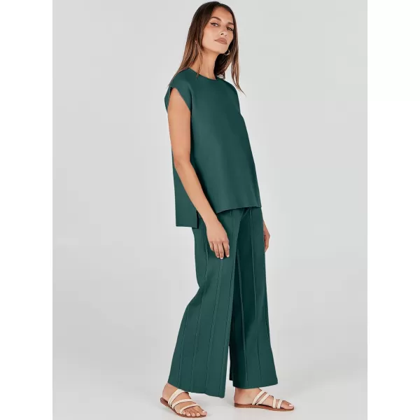 imageANRABESS Two Piece Outfits for Women Summer Sweater Sets Knit Pullover Tops Elastic Waisted Pants Lounge Sets TracksuitDark Green