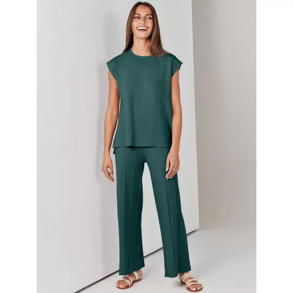 imageANRABESS Two Piece Outfits for Women Summer Sweater Sets Knit Pullover Tops Elastic Waisted Pants Lounge Sets TracksuitDark Green