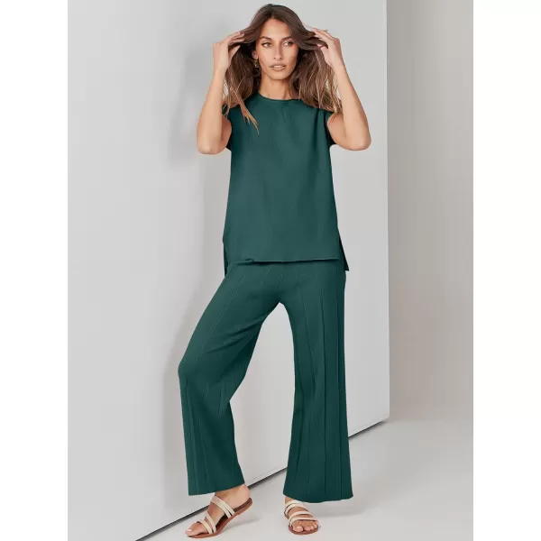 imageANRABESS Two Piece Outfits for Women Summer Sweater Sets Knit Pullover Tops Elastic Waisted Pants Lounge Sets TracksuitDark Green