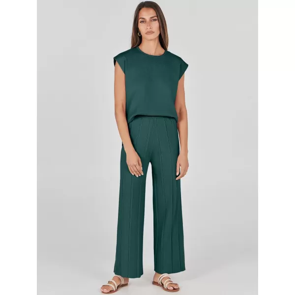 imageANRABESS Two Piece Outfits for Women Summer Sweater Sets Knit Pullover Tops Elastic Waisted Pants Lounge Sets TracksuitDark Green