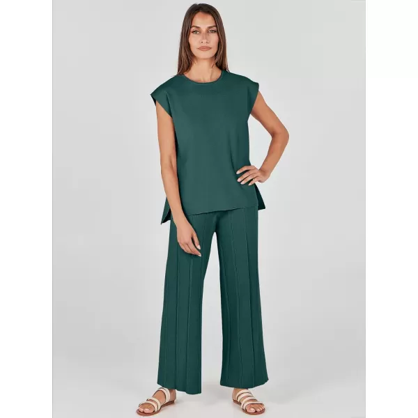 imageANRABESS Two Piece Outfits for Women Summer Sweater Sets Knit Pullover Tops Elastic Waisted Pants Lounge Sets TracksuitDark Green
