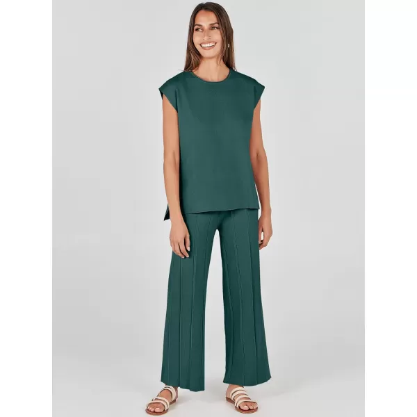 imageANRABESS Two Piece Outfits for Women Summer Sweater Sets Knit Pullover Tops Elastic Waisted Pants Lounge Sets TracksuitDark Green